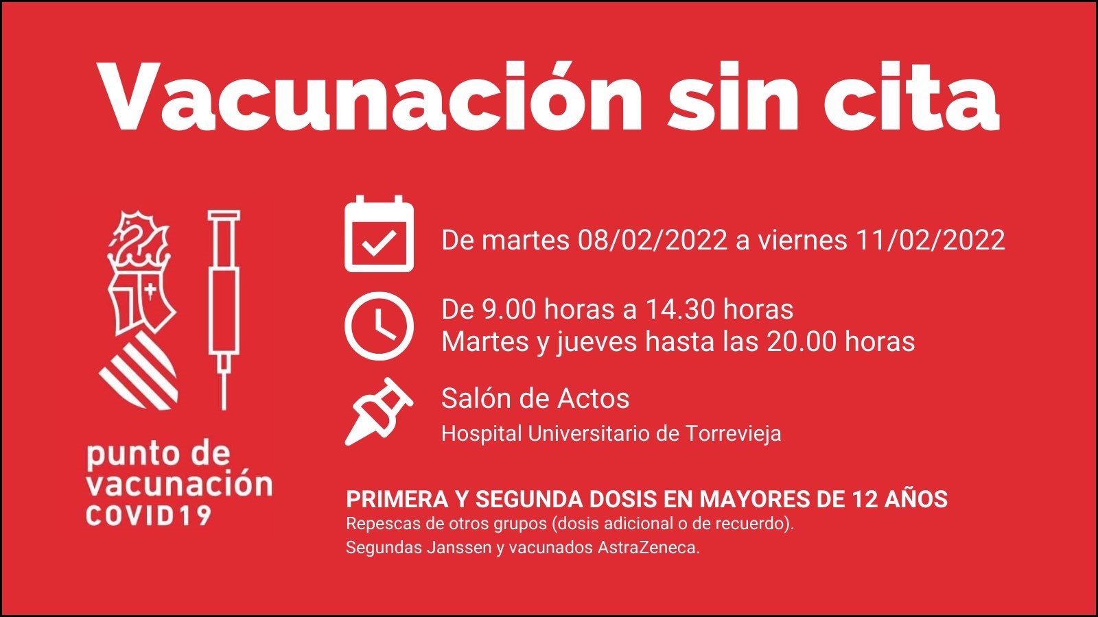 Desde hoy martes,8 hasta el viernes 11 de febrero: “Vacunaciones sin cita” en el Hospital Universitario